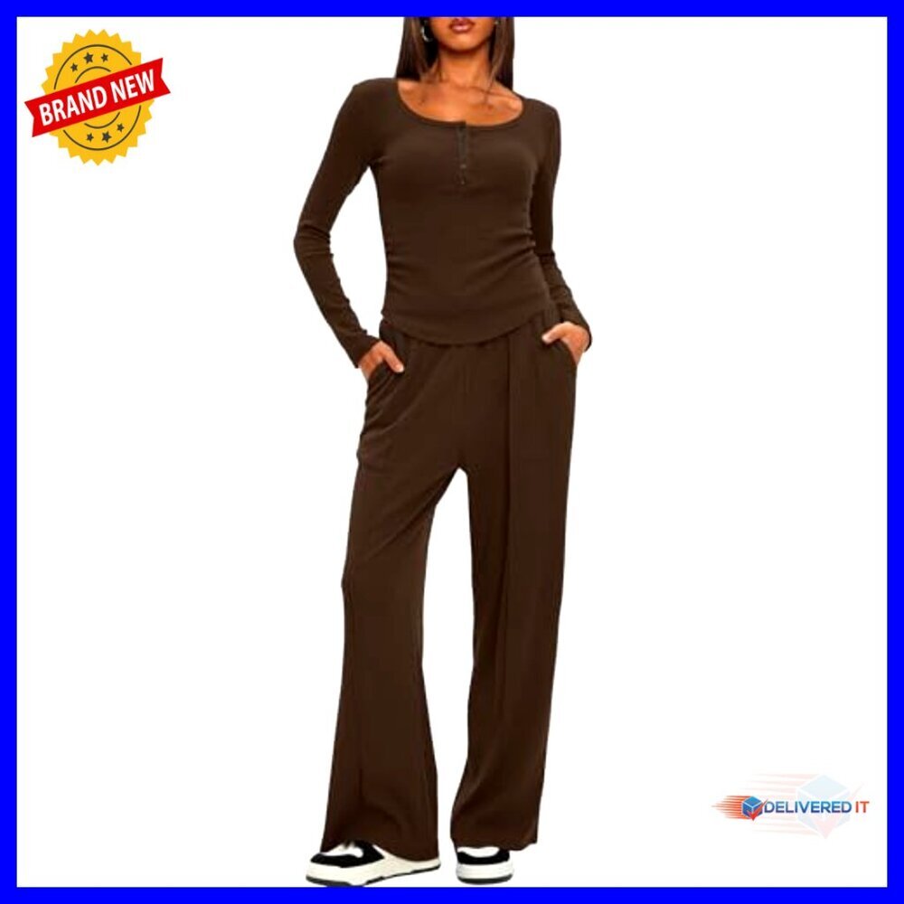 Small Cotton Blend Lounge Set Long Sleeve Henley Wide Leg Pants - Picture 5 of 7
